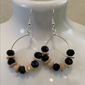 Elegant Black and Wood Beaded Silver Hoop Earrings